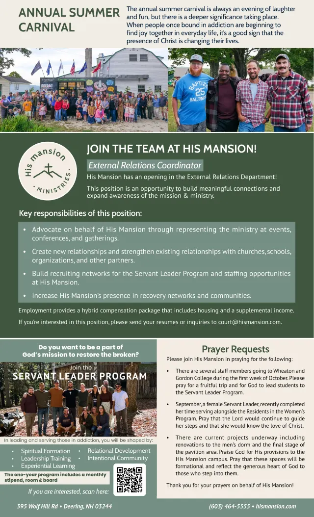 Page 2 of 2 of the printed October 2026 Newsletter: the Annual Summer Carnival with two photographs, a crowd gathered outside a white barn under flags and four men standing arm in arm; the External Relations Coordinator opening; the Servant Leader Program over a photograph of a group of young men and women on fallen leaves before a weathered barn; and the prayer requests