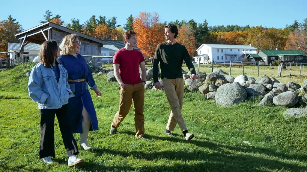 Four young adults laughing as they walk across a sunny lawn past a stone wall, autumn trees and white buildings behind